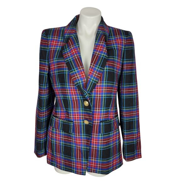 J. Crew Black Red Blue Nipped in Blazer Stewart Tartan Wool Blend Plaid Size 6 - Picture 2 of 16